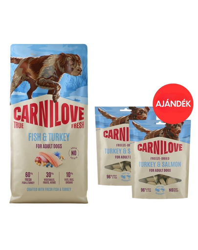 CARNILOVE True Fresh Dog Fish and Turkey Adult 12 kg friss hal és pulyka kutyáknak + CARNILOVE Dog Freeze Dried Turkey and Salmon 2x60g AJÁNDÉK