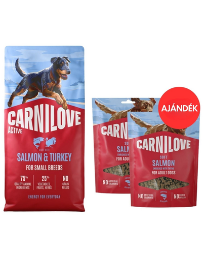CARNILOVE Active Dog Salmon & Turkey Adult Small Breeds 12 kg lazac és pulyka kis testű kutyáknak + CARNILOVE Dog Soft Snack Salmon Small Bite 2x200g AJÁNDÉK