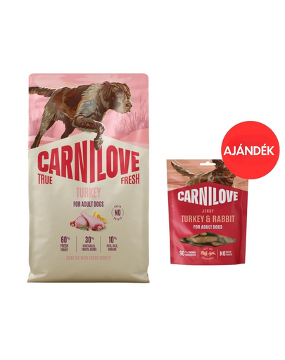 CARNILOVE True Fresh Dog Turkey Adult 4 kg friss pulykával felnőtt kutyáknak + CARNILOVE Dog Jerky Turkey and Rabbit 100g AJÁNDÉK