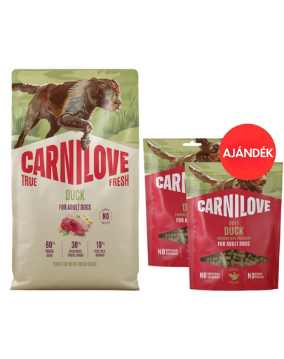 CARNILOVE True Fresh Dog Duck Adult 12 kg friss kacsával készült kutyáknak + CARNILOVE Dog Soft Snack Duck 2x200g AJÁNDÉK