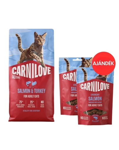 CARNILOVE Active Cat Salmon and Turkey Adult 6 kg lazac és pulyka minden macska számára + CARNILOVE Crunchy Snack Cat Salmon 2x50 g AJÁNDÉK
