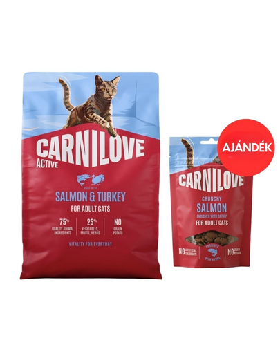 CARNILOVE Active Cat Salmon and Turkey Adult 2 kg lazac és pulyka minden macska számára + CARNILOVE Crunchy Snack Cat Salmon 50 g AJÁNDÉK