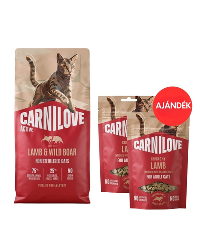 CARNILOVE Active Cat Lamb and Wild Boar Sterilised 6 kg ivartalanított macskák számára + CARNILOVE Crunchy Snack Cat Lamb 2x50 g AJÁNDÉK