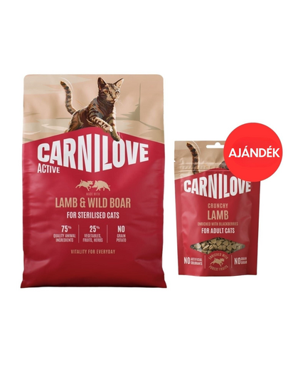 CARNILOVE Active Cat Lamb and Wild Boar Sterilised 2 kg sterilizált macskák számára + CARNILOVE Crunchy Snack Cat Lamb 50 g AJÁNDÉK