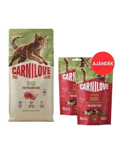 CARNILOVE True Fresh Cat Duck Sterilised 6 kg sterilizált macskák számára + CARNILOVE Crunchy Snack Cat Duck 2x50 g AJÁNDÉK