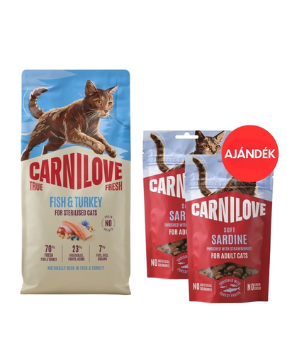 CARNILOVE True Fresh Cat Fish and Turkey Sterilised 6 kg ivartalanított macskáknak + CARNILOVE Soft Snack Cat Sardine 2x50 g AJÁNDÉK