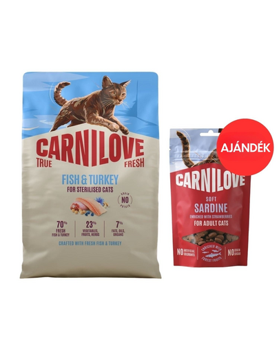 CARNILOVE True Fresh Cat Fish and Turkey Sterilised 2 kg ivart sterilizált macskáknak + CARNILOVE Soft Snack Cat Sardine 50 g AJÁNDÉK