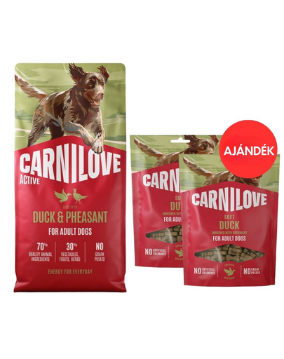 CARNILOVE Active Dog Duck and Pheasant Adult 12 kg kacsához és fácánhoz való kutyáknak + CARNILOVE Dog Soft Snack Duck 2x200g AJÁNDÉK