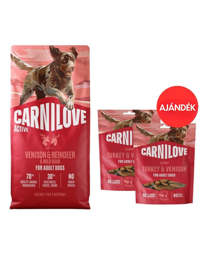 CARNILOVE Active Dog Venision and Reindeer Adult 12 kg vadhús, rénszarvas és vaddisznó kutyáknak + CARNILOVE Dog Jerky Turkey with Venision 2x100g AJÁNDÉK