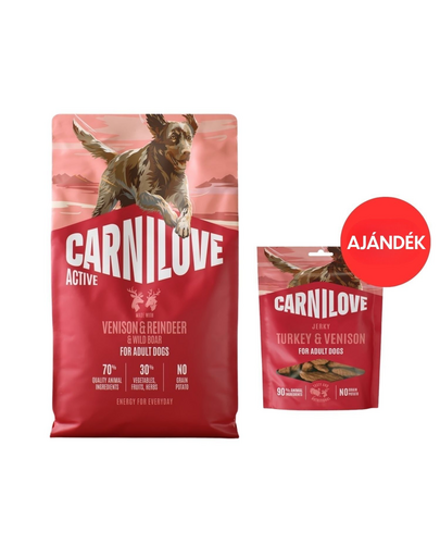 CARNILOVE Active Dog Venision and Reindeer Adult 4 kg vadhús, rénszarvas és vaddisznó kutyáknak + CARNILOVE Dog Jerky Turkey with Venision 100g AJÁNDÉK