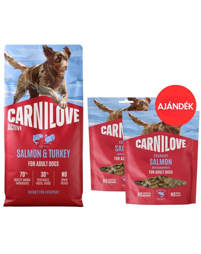 CARNILOVE Active Dog Salmon and Turkey Adult 12 kg lazac és pulyka aktív kutyáknak + CARNILOVE Dog Crunchy Snack Salmon 2x200g AJÁNDÉK