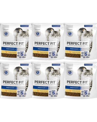 PERFECT FIT Indoor 1+ 6x750 g sucha karma pełnoporcjowa dla dorosłych kotów bogata w kurczaka