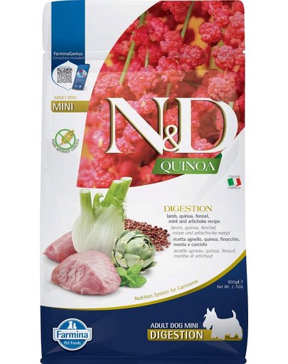 FARMINA N&D Quinoa Dog Adult Mini Digestion Grain Free bárányhús, quinoa, édeskömény és articsóka 800g