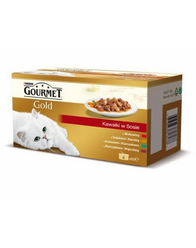 GOURMET GOURMET GOLD - darabok mártásban marhahús; pulyka és kacsa; csirke és máj; lazac és csirke MP 12(4x85g)