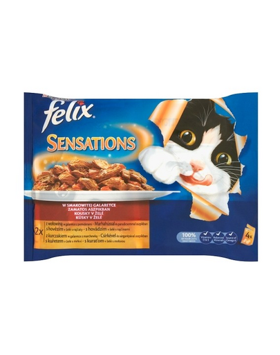 FELIX Sensations 4x100g: 2 x marhahús aszpikban paradicsommal; 2x csirkével aszpikban répával