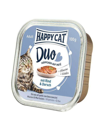 HAPPY CAT Duo Pástétomos falatkák, marhahús és tőkehal 100 g