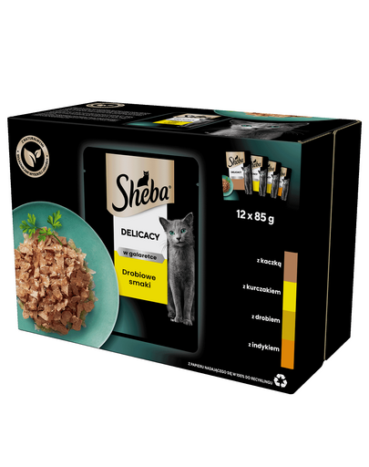 SHEBA Delicacy Baromfi ízek tasakok 12x85 g teljes értékű nedves eledel felnőtt macskáknak zselésített darabokban: kacsa, csirke, baromfi, pulyka