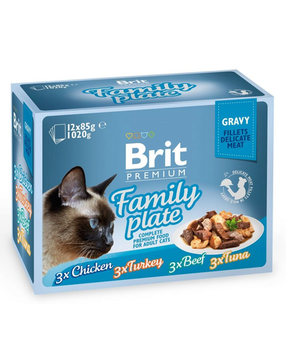 BRIT Premium Cat pouch gravy fillet Family plate Macskaszószos tasakok macskáknak, vegyes ízesítésű 1,2 kg (12x85 g)