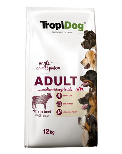 TROPIDOG Premium Adult M&L Beef&Rice 12kg szárazeledel közepes és nagytestű kutyáknak Marhahús és rizs