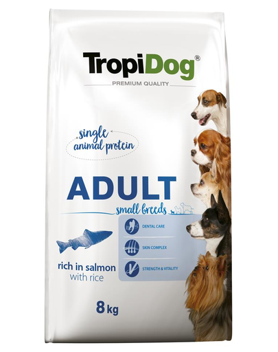 TROPIDOG Premium Adult S Salmon&Rice 8 kg száraz kutyatáp kis fajtáknak Lazac és rizs