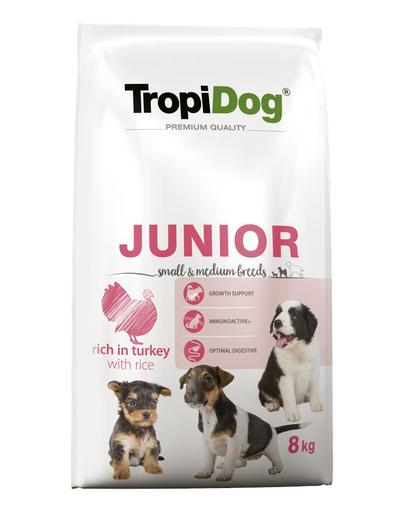 TROPIDOG Premium Junior S&M Turkey&Rice 8kg Száraz kölyökkutyatáp kis és közepes fajtáknak Pulykával és rizzsel
