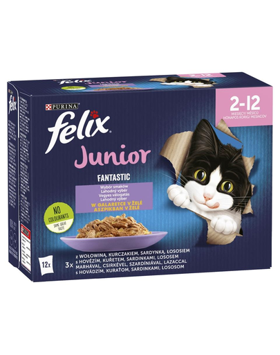 FELIX FANTASTIC Junior Mix ízek zselében (marhahús, csirke, szardínia, lazac) 12x85g nedves cicatáp