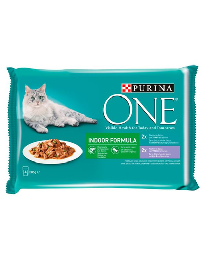 PURINA ONE Indoor Formula Vegyes ízek (borjúhússal és sárgarépával, tonhallal és zöldbabbal) 4x85g macskatáp