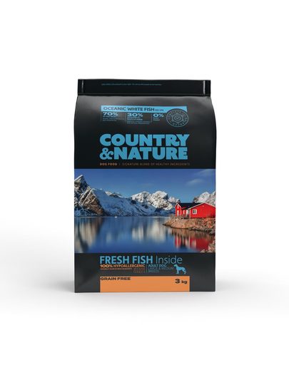 COUNTRY&NATURE Ocean White Fish Recipe 3 kg Kutyatáp közepes és nagytestű fajtáknak Fehér tengervízi halak számára