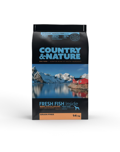 COUNTRY&NATURE Ocean White Fish Recipe 14 kg Kutyatáp közepes és nagytestű fajtáknak Fehér tengervízi halak számára