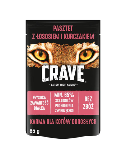 CRAVE tasak 85g - lazac & csirke pástétom teljes értékű gabonamentes nedves eledel felnőtt macskáknak